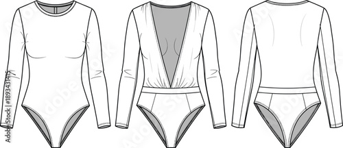 Women long sleeve bodysuit technical line art illustration showing front back and deep neckline variations for fashion apparel design