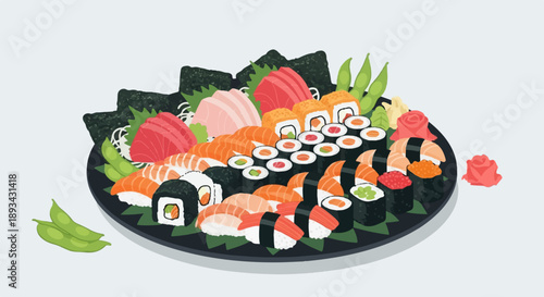 Assorted sushi and sashimi platter with pickled ginger and edamame beans