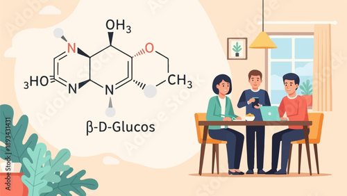 Animated molecular structure and three people collaborating at a table