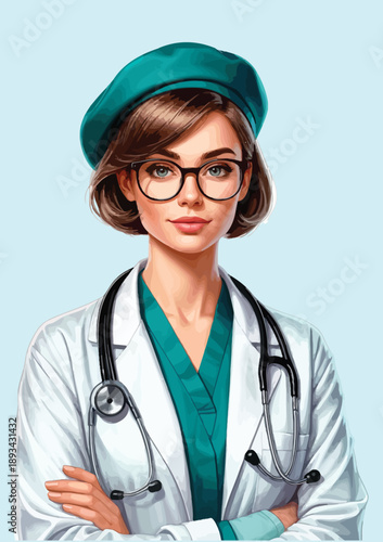 064-15-Confident female doctor with stethoscope and glasses on a light blue background