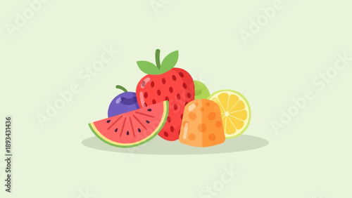 Assorted sweet fruits and a slice of watermelon arranged on a pastel green background
