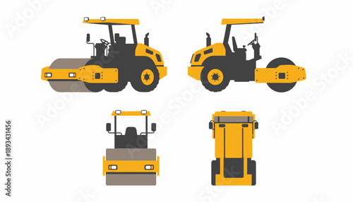 Detailed vector illustration of a yellow road roller from multiple perspectives, including side, front, and top views, on a white background.