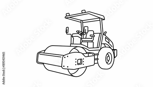 Line drawing of a road roller, a heavy construction vehicle used for compacting surfaces and materials.