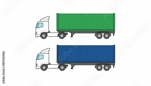 Two semi-trucks with shipping containers, one green and one blue, for freight transport.
