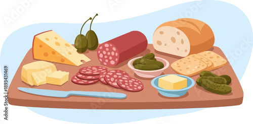 Assortment of cheese, meats, bread, pickles, and butter on a cutting board