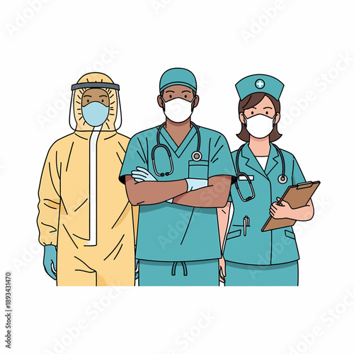 Three diverse medical professionals wearing masks and protective gear.