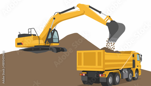Yellow excavator loading dirt into a dump truck on a construction site with a pile of earth.