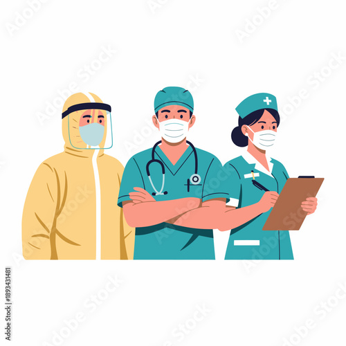 Medical team with doctor, nurse, and healthcare worker in PPE, wearing masks.