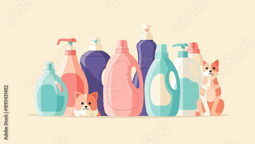 Assortment of cleaning liquids and two cute pets