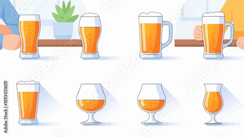Assortment of different beer glasses filled with golden liquid