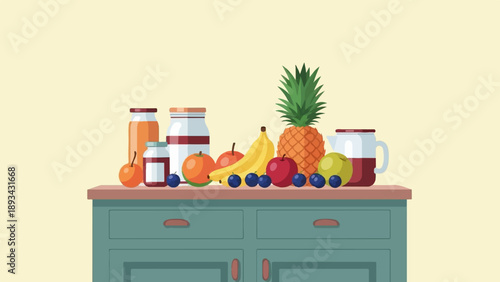 Assortment of fruits, preserves, and drinks on a teal cabinet