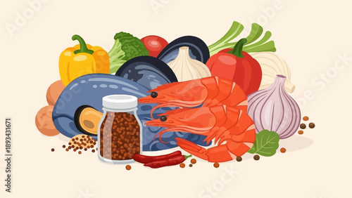 Assortment of fresh seafood and colorful vegetables with spices