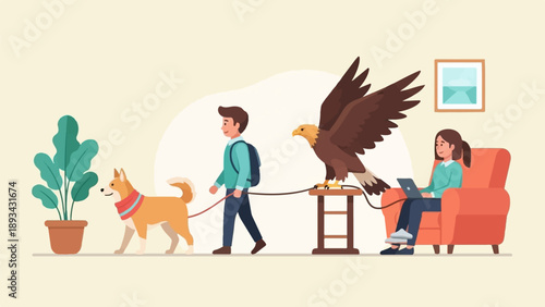 Animated scene of people, dog, and eagle interacting