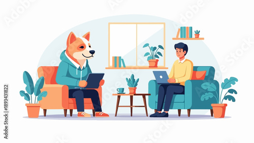Anthropomorphic dog and man sit in armchairs using laptops indoors