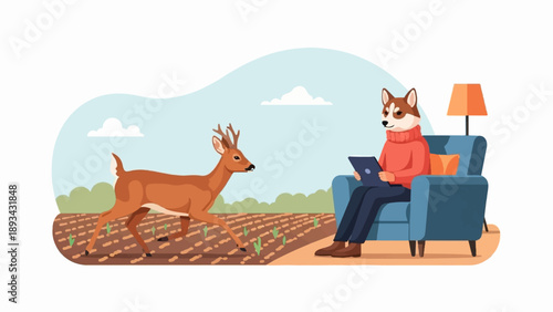 Anthropomorphic dog in armchair with tablet, deer grazes in field