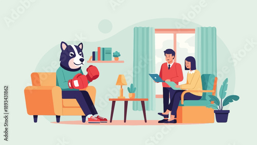 Anthropomorphic dog in boxing gloves talks with people in a room