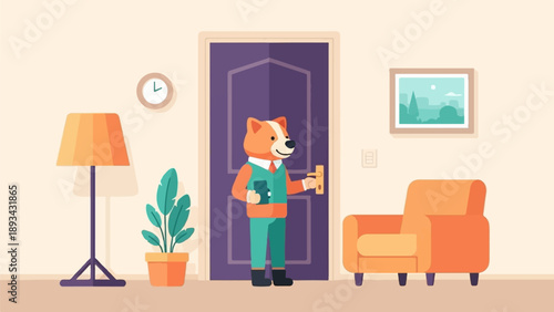 Anthropomorphic dog in formal wear holding a tablet by a door