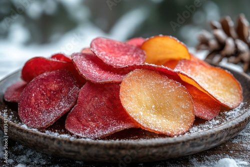 A bowl of dried fruit on a table.