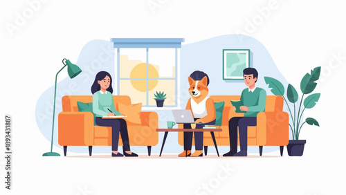 Anthropomorphic dog, man, and woman collaborate in a modern living room