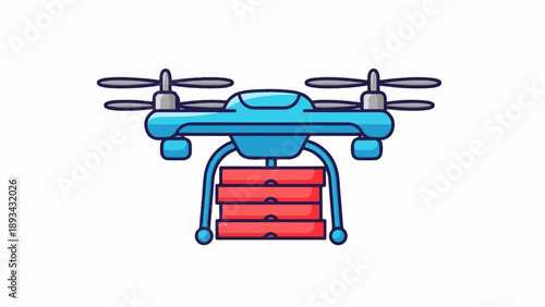 Blue drone carrying a stack of red pizza boxes, isolated on a white background