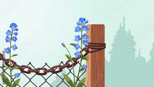 Blue forget-me-nots bloom near a weathered fence post and chain