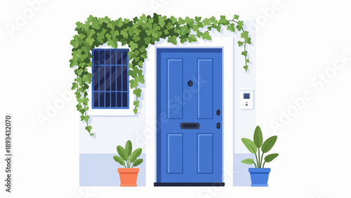 Blue front door with green ivy and potted plants in a minimalist style