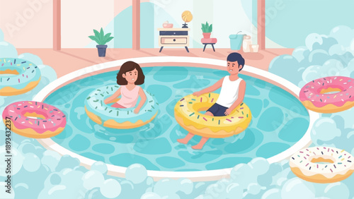 Cartoon illustration of a couple relaxing in a pool on donut-shaped floats