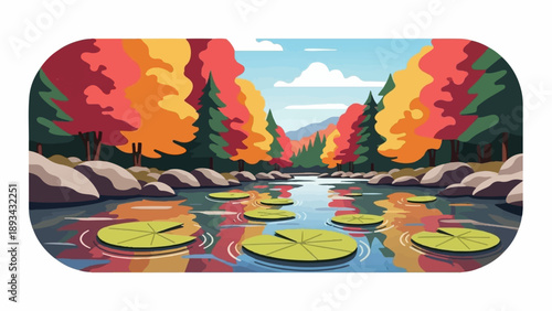 Autumnal forest surrounds a tranquil pond with lily pads