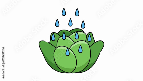 Cartoon illustration of a green plant being watered by blue raindrops