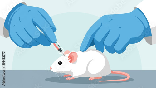 Blue-gloved hands administer injection to a white lab mouse