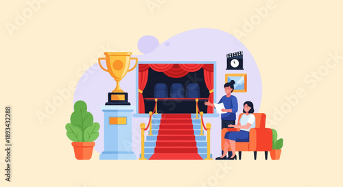 Award ceremony scene with trophy, red carpet, stage, and two people