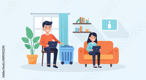 Cartoon illustration of a man and woman working on laptops in a home setting