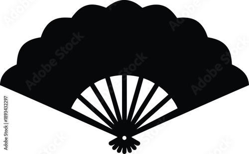 Minimal vector silhouette, traditional folding hand fan opened wide, solid black, bold clean shapes, symmetrical design, flat style, isolated on a white background.