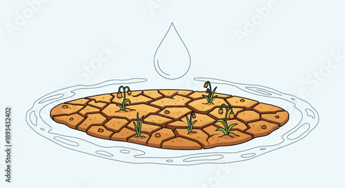 Drought cracked earth with flowers and water drop