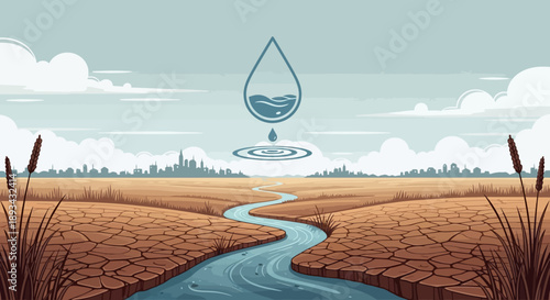 Drought landscape with stream and water droplet symbol