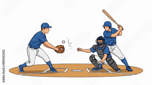 Baseball game action pitcher throws to batter, catcher waits