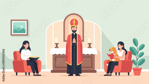 Clergy member presides over indoor scene with two women, one with dog