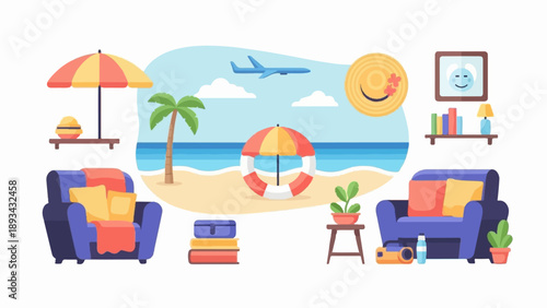 Beach scene with lounge chairs, books, umbrella, and travel elements