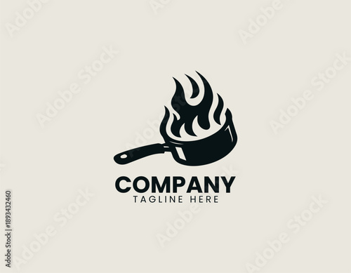 Cooking pan logo shows hot food preparation concept in bold clean vector style