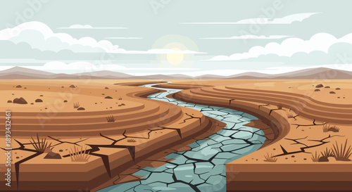 Desert landscape with dry cracked earth and stream
