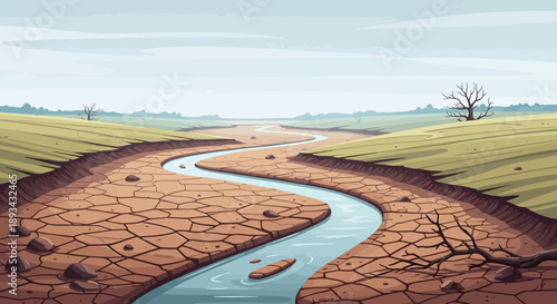 Dry cracked earth landscape with winding stream