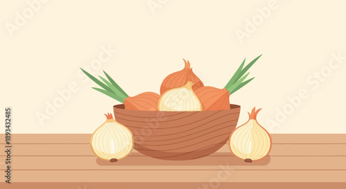 Bowl of onions and cut halves on wooden planks