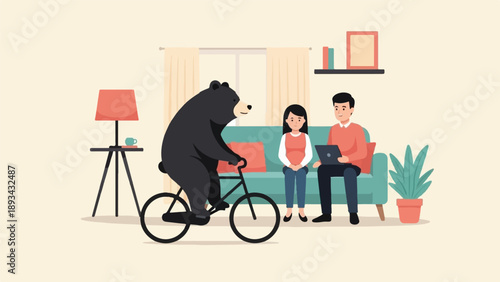 Bear on bicycle in living room with people