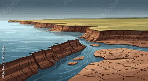 Coastal Erosion: Illustrative depiction of coastal erosion where the sea meets land, showing the raw power of nature shaping the earth over time. The stark contrast between water, land.