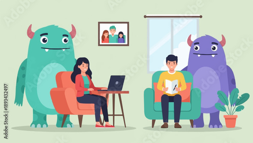 Cartoon monsters and people working and reading indoors