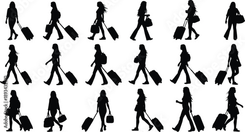 Women traveler silhouettes illustration showing walking females pulling rolling suitcases for travel tourism airport lifestyle design vector collection modern