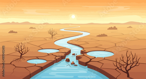 Desert landscape with winding river and cracked dry ground