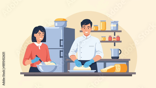 Cheerful duo preparing food in a bright kitchen with fridge and shelves