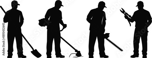Gardening worker silhouettes illustration showing man using shovel trimmer hedge shears tools for landscaping lawn care and outdoor maintenance work