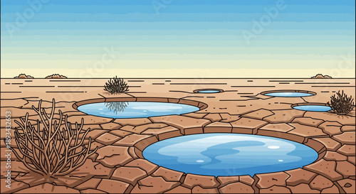 Desert landscape with water pools and dry ground